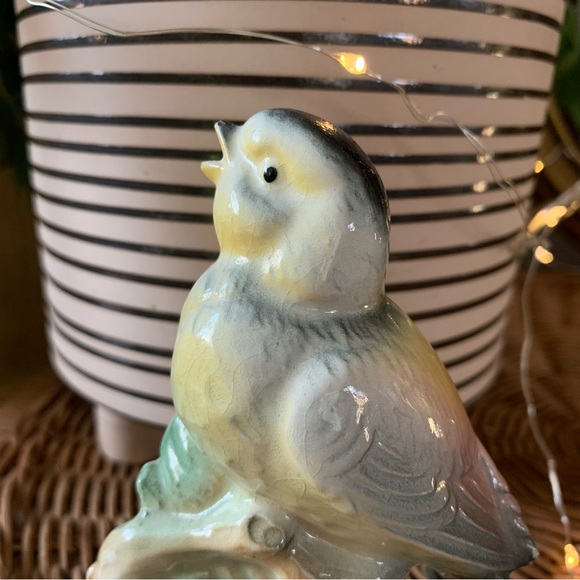 vintage blue and yellow porcelain bird perched on branch - Picture 3 of 5